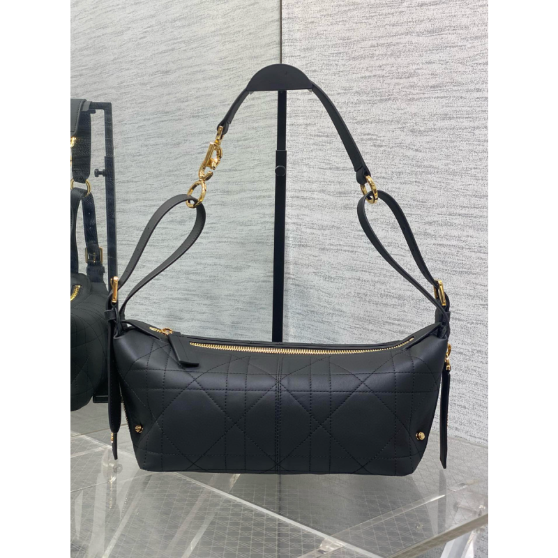 Small D-Journey Bag in Crinkled Calfskin-Black