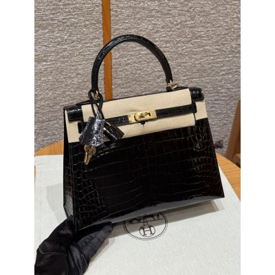 Black Shiny Niloticus Alligator Kelly 25 Gold Hardware