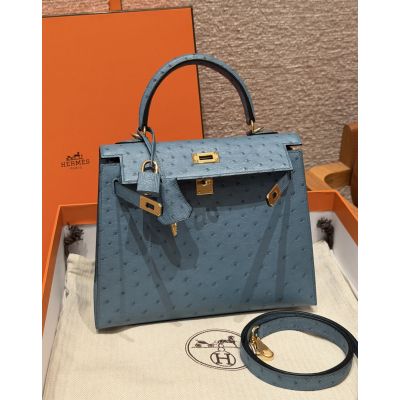 Cabalt Ostrich Kelly 25 Gold Hardware