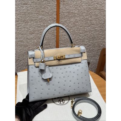 Blue Glacier South Ostrich Kelly 25 Gold Hardware