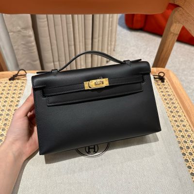 Black Swift Kelly Pochette Gold Hardware