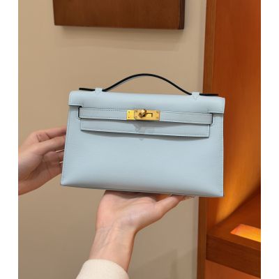 Blue Brume Swift Kelly Pochette Gold Hardware